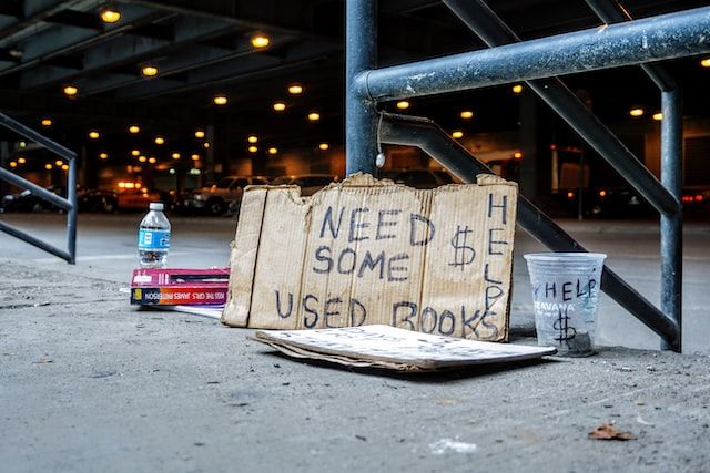 A ragged cardboard sign saing Need Some $ Help Used Books against a metal railing