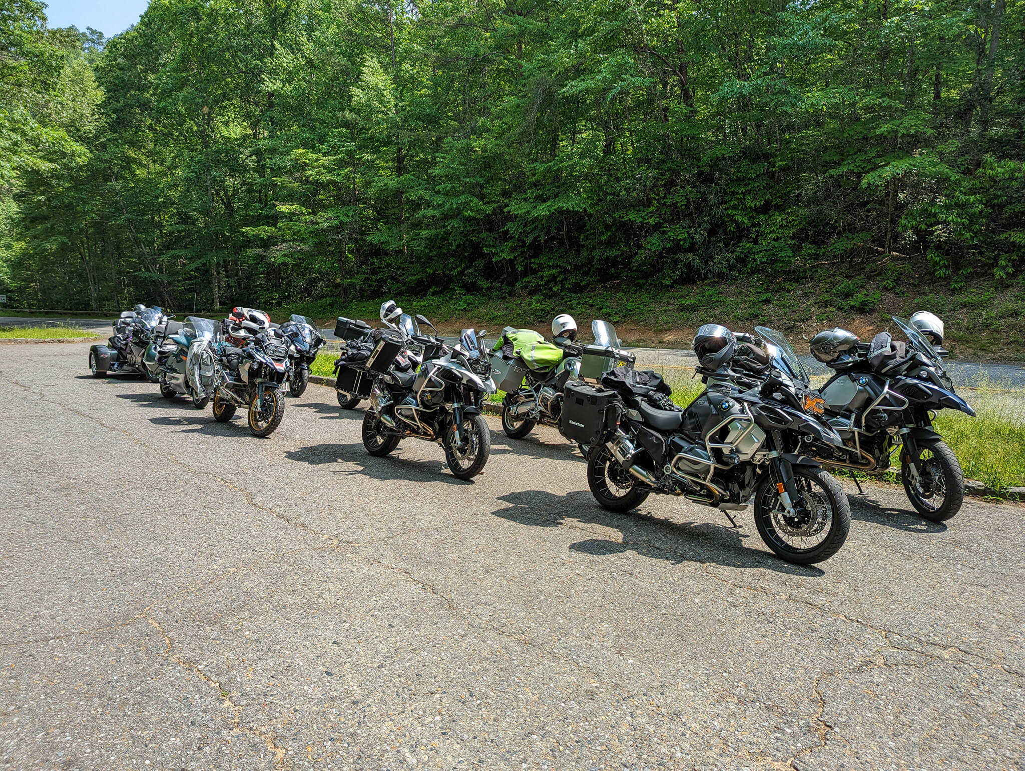 An orderly row of staggered BMW motorcycles