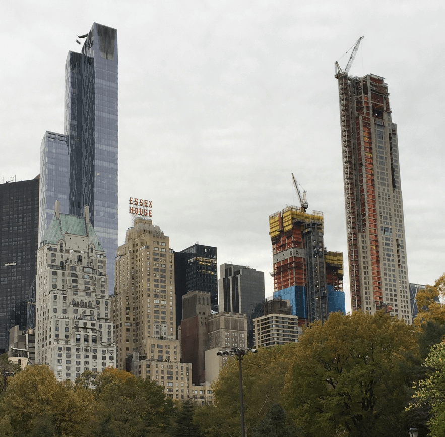 Skyscrapers lining Central Park in New York, with a view of the Essex House