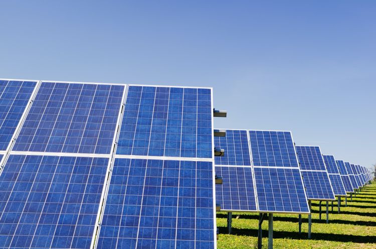 Blue colored solar panels stretching off into the distance