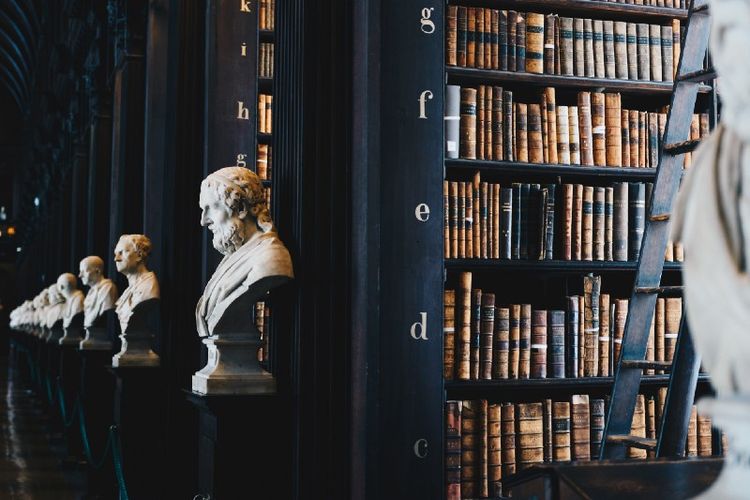 Ancient books on library shelves with marble busts at end of each row