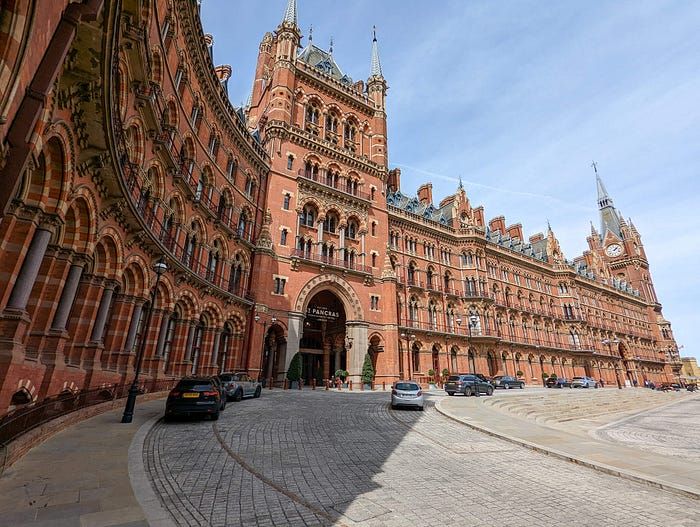 Ornate stone front of St. Pancras hotel, London