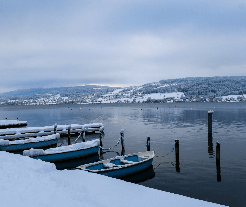 Snow-covered rowboats at the edge of a cold, gray lake
