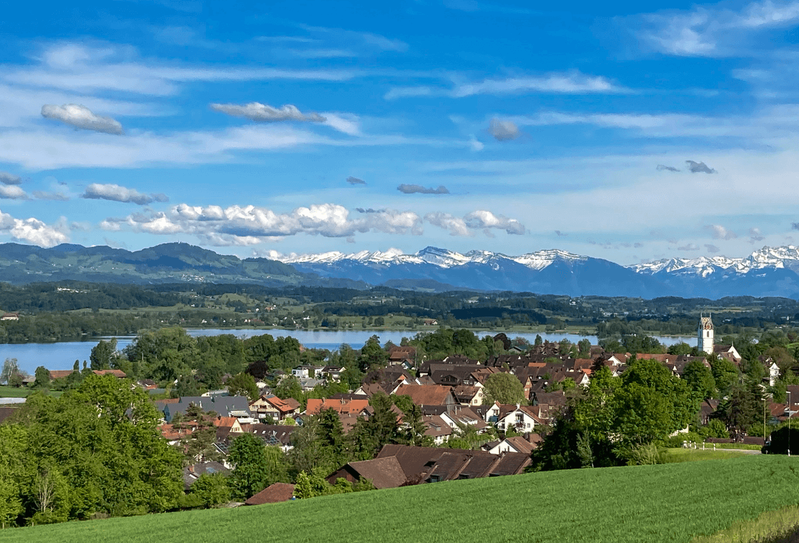 Picturesque Swiss town with green field in foreground and lake and mountains in the background.