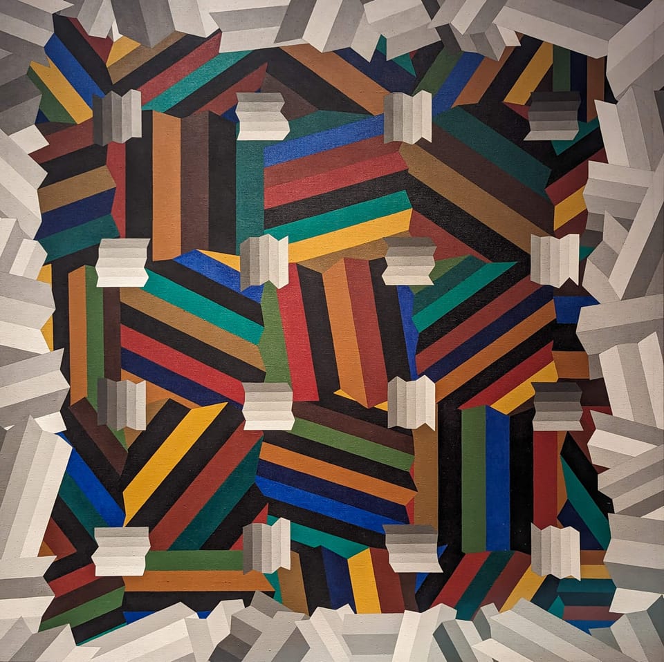 Abstract painting of colored lines and grayscale lines arranged in a complex geometric pattern.